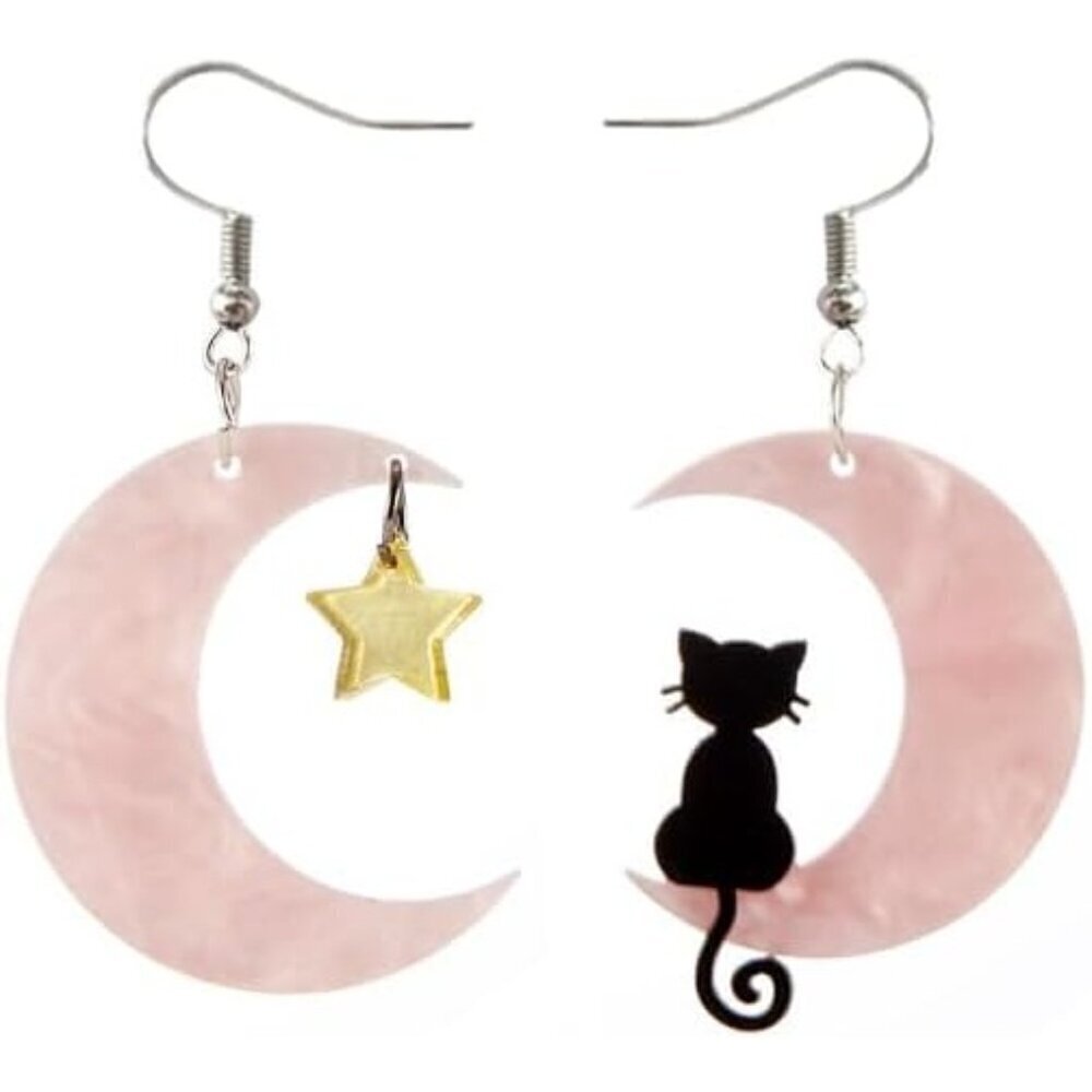 🆕Women Pink Moon Star Cat Halloween Favors Decorations for Cute Acrylic Earring